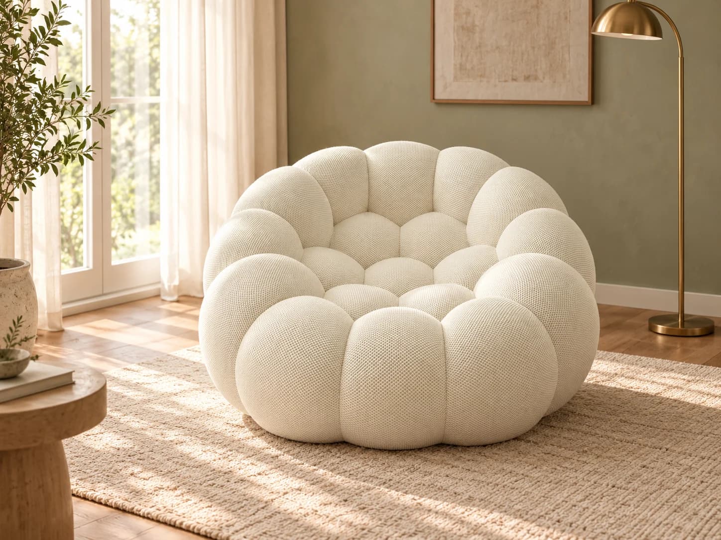 Cream Bubble chair in a sunlit corner