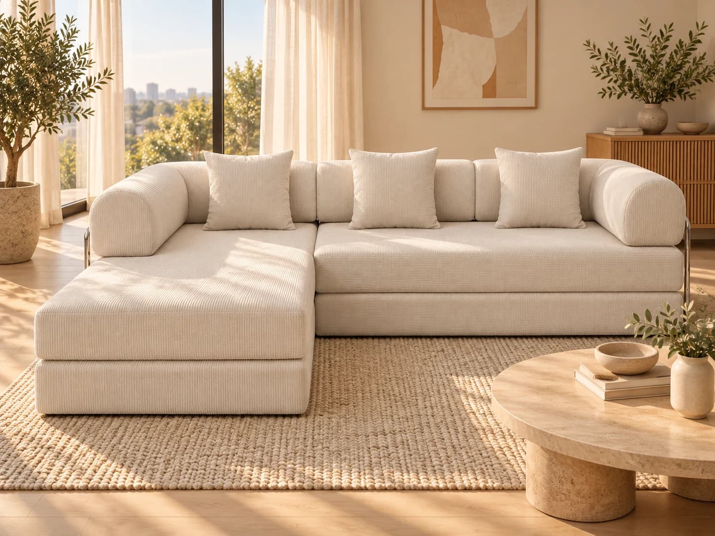 Ivory White Snuggle L-shaped sofa in a warm living room