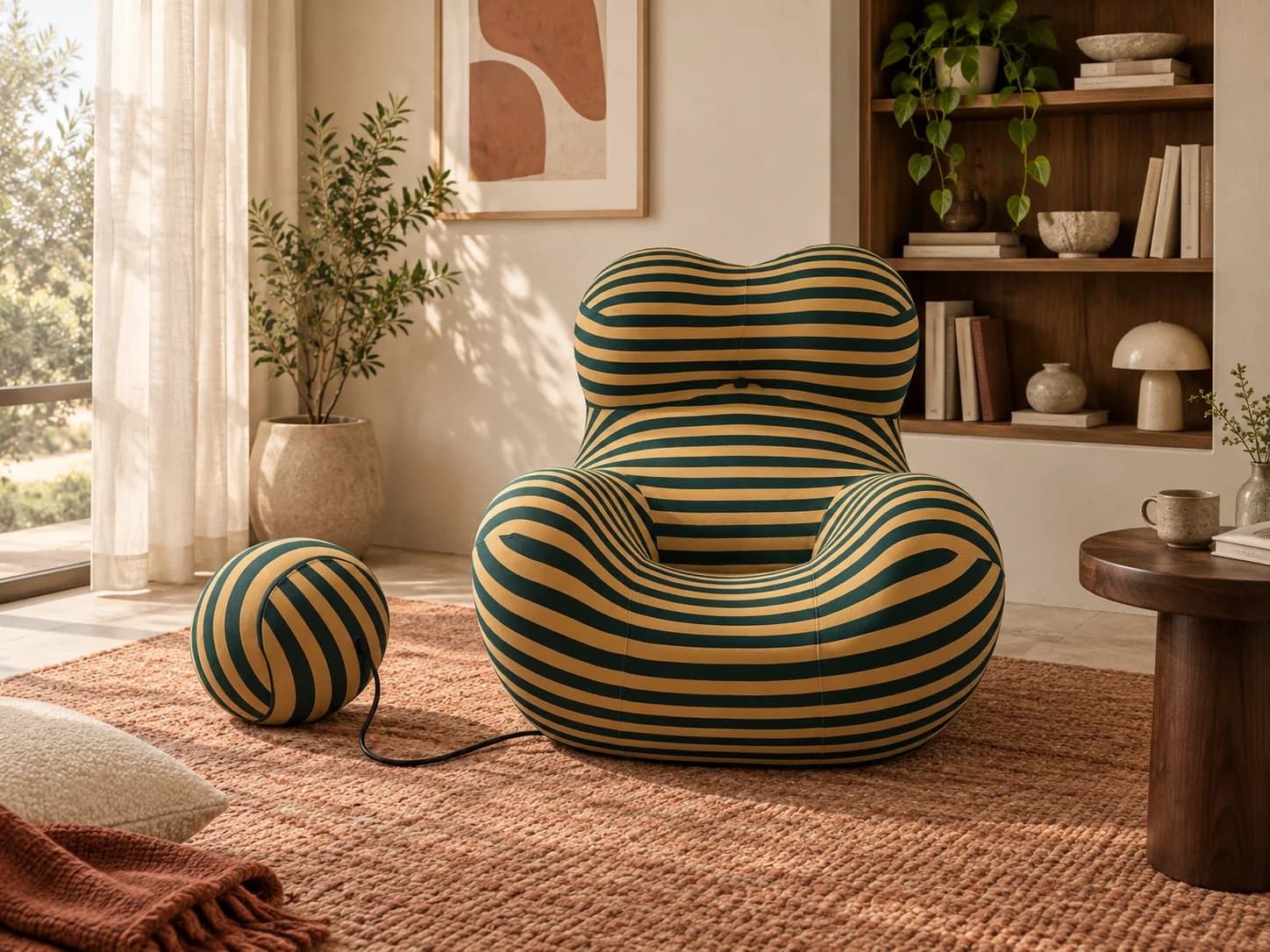 Striped La Mamma lounger and ottoman in a warm reading nook