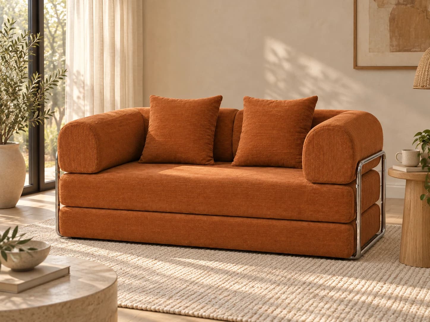 Burnt Cinnamon Snuggle loveseat in a sunlit room