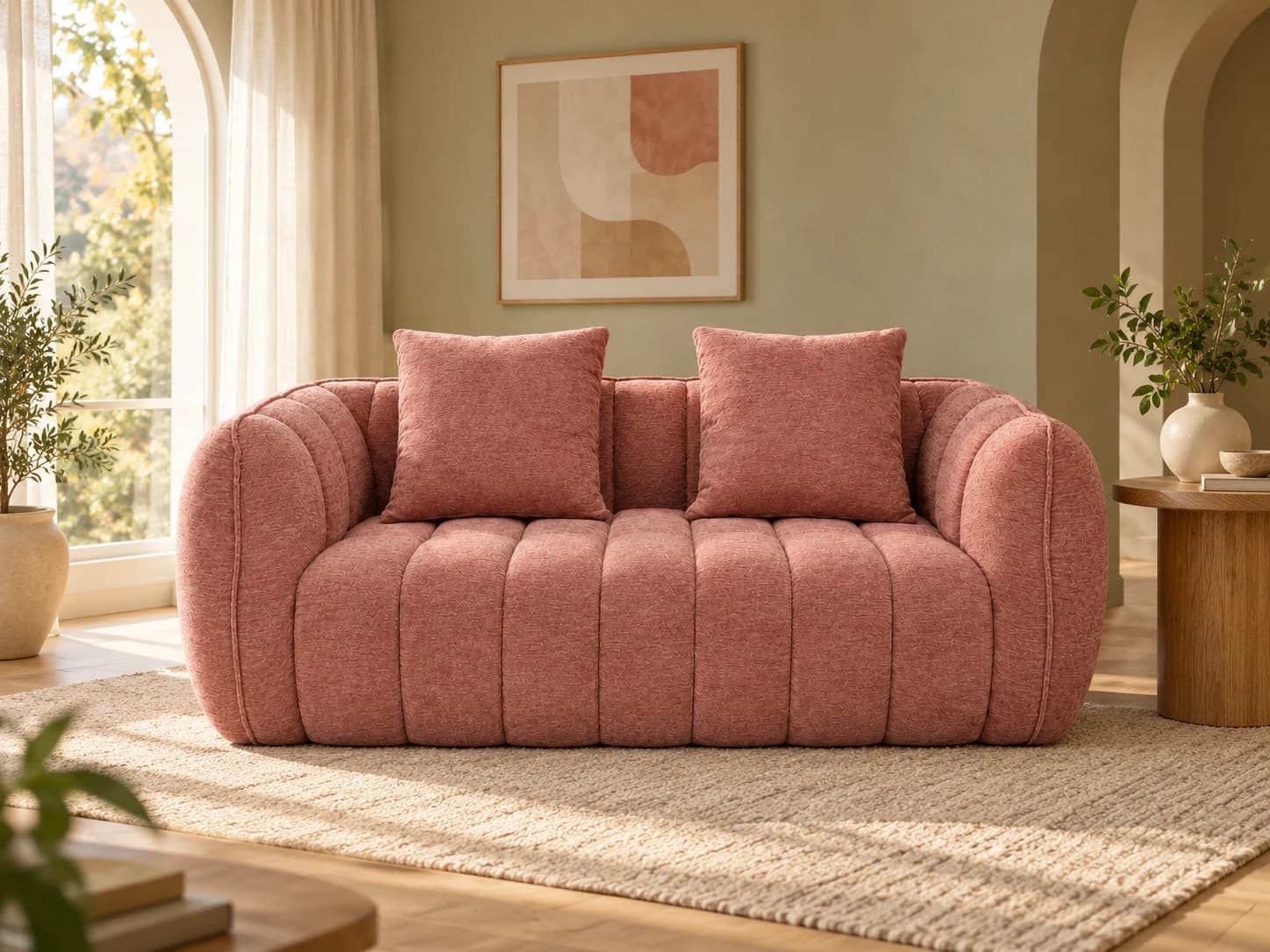 Petal Pink Pumpkin sofa in a warm living room