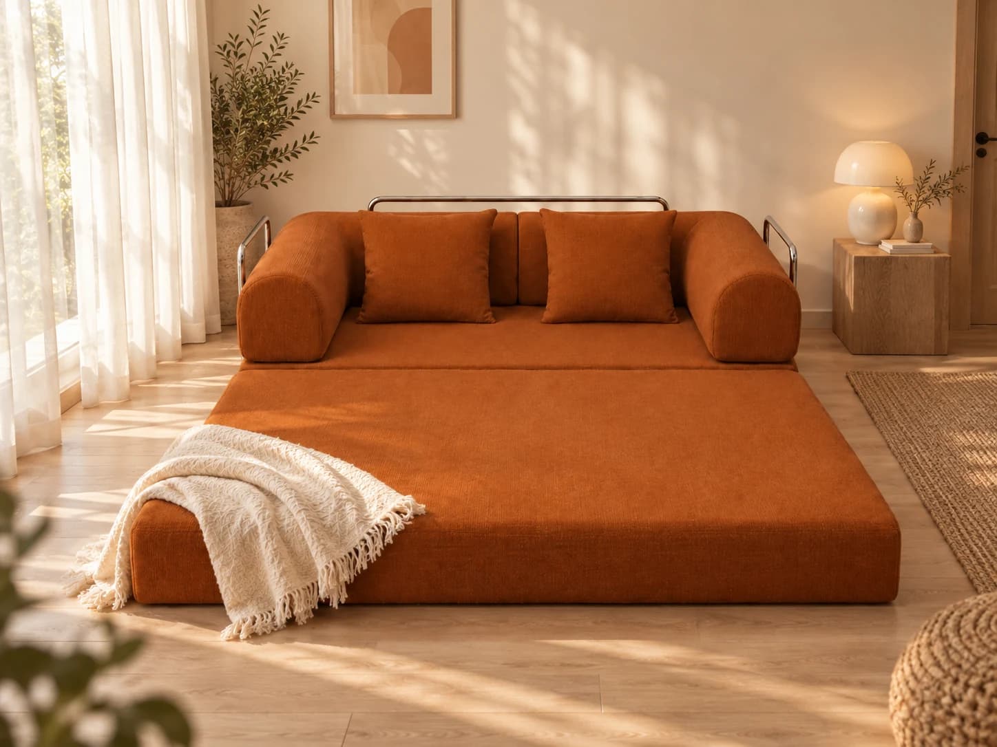Snuggle sofa opened as a bed in a warm living room
