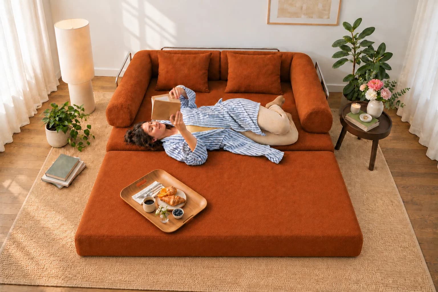Relaxing on an expanded Nesto Snuggle sofa bed